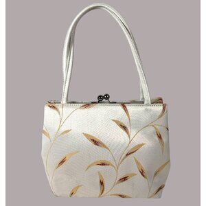 Mondani New York Floral Leaf Handbag Top Handles Kiss Lock Closure White Cream